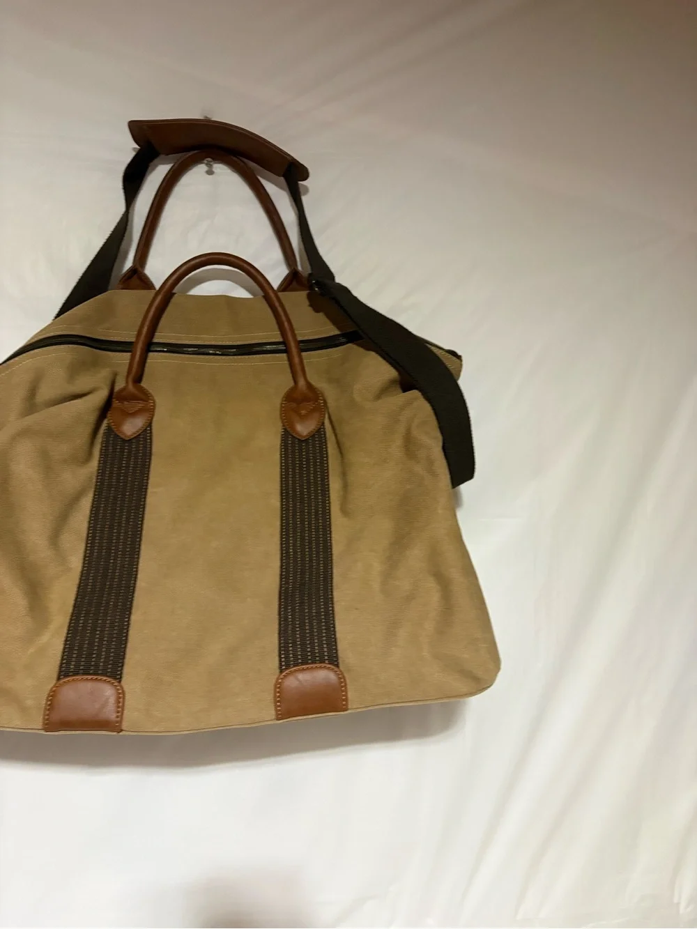New shows Canvas Duffel Travel Bag in Tan with Brown Trim